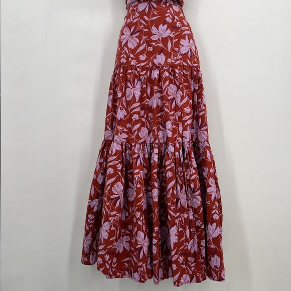 WAYF  Two Piece Strapless Floral Maxi Dress Rust Red Pink Tiered Smocked Back S - Picture 4 of 16